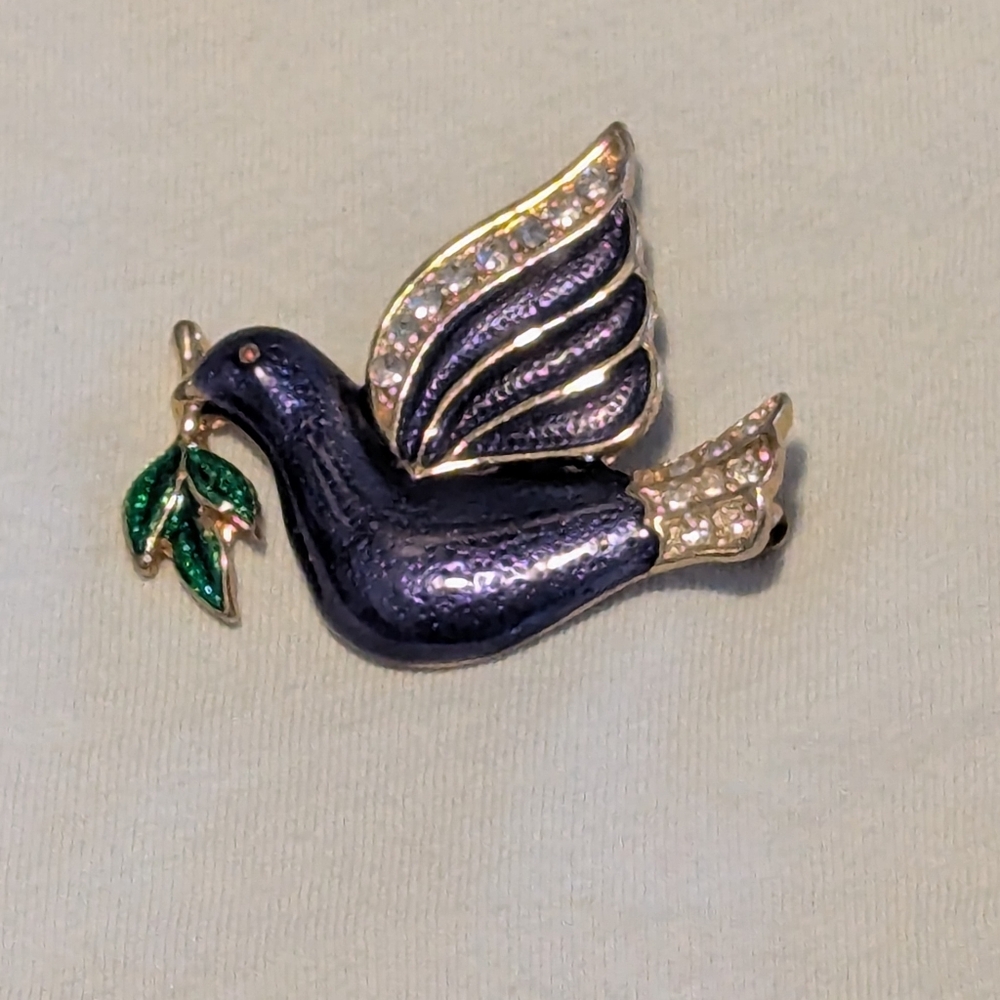 Elegant Blue Dove Brooch with Olive Branch. Peace Dove. Enamel And Rhynstones.